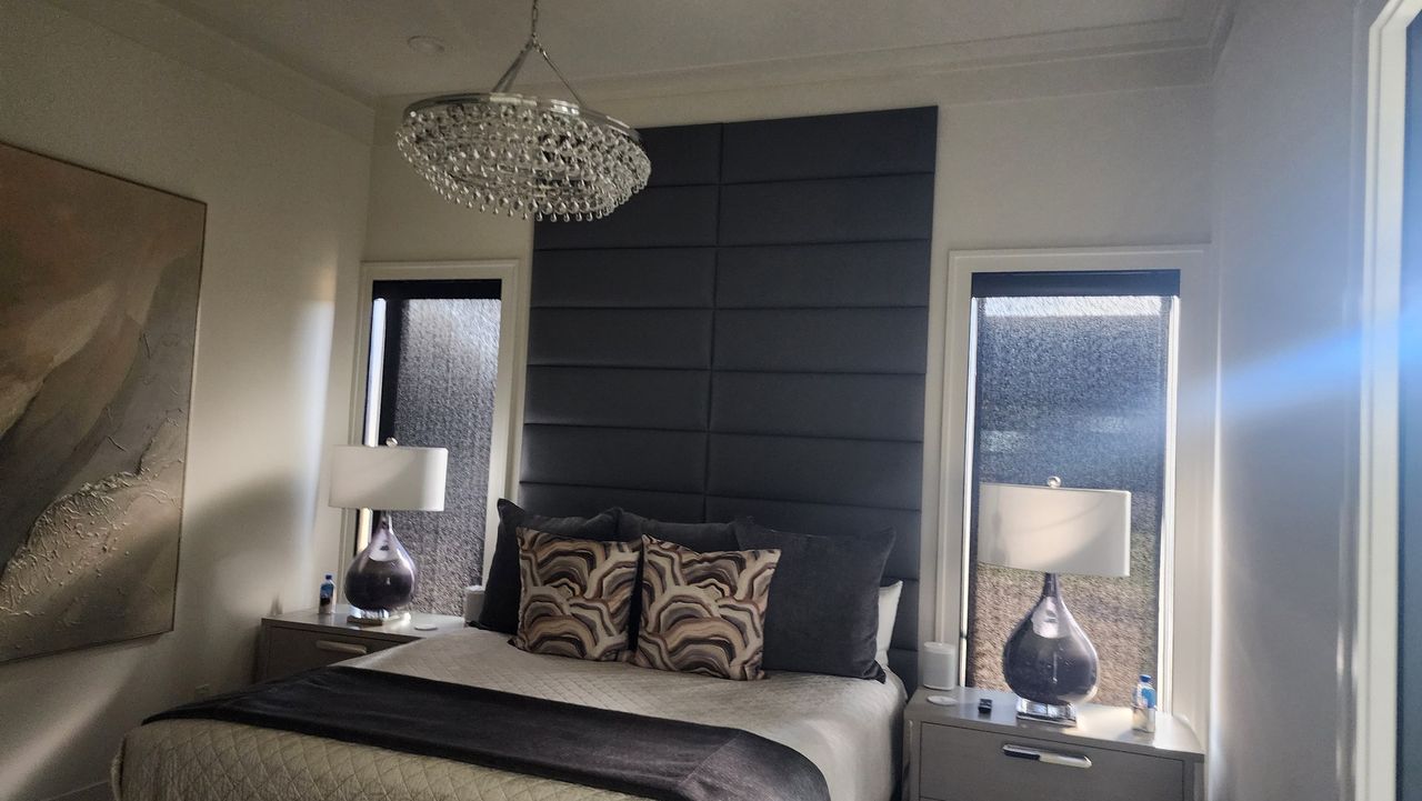 Completed Custom Residence Primary Suite with Floor-to-Ceiling Tufted Wall