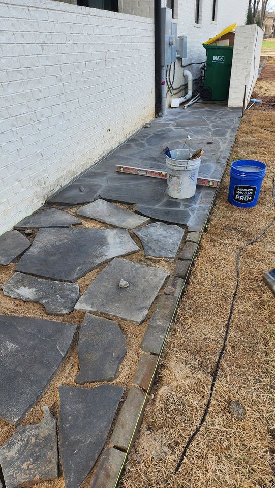 Stage 16 Custom Hand-Cut Flagstone Walkway Masonry and Mortar Bed Leveling