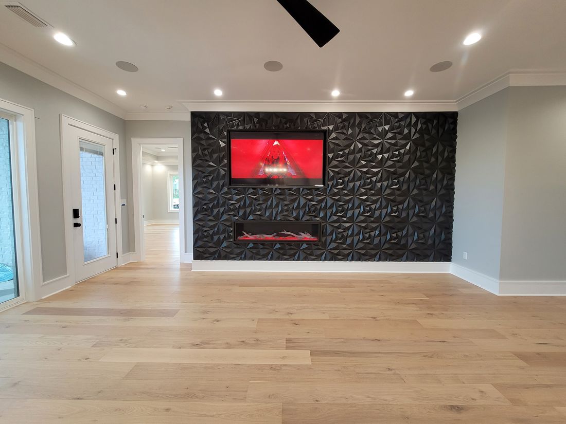 Completed Custom Residence Great Room 3D Matte-Black Fireplace Wall