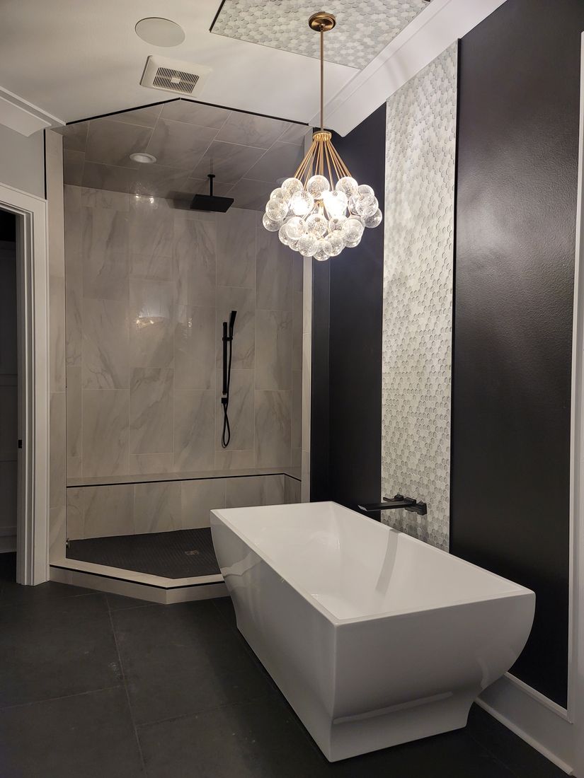 Completed Custom Residence Primary Spa Bath Soaking Tub and Chandelier